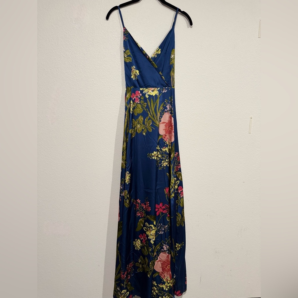 Lulu's Navy Floral Wrap Maxi Dress with Pink and Green Accents
